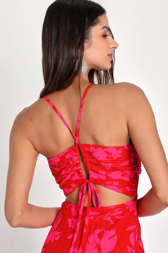 Vibrant Moment Red and Pink Floral Pleated Lace-Up Midi Dress sold by Lulus product image thumbnail 2