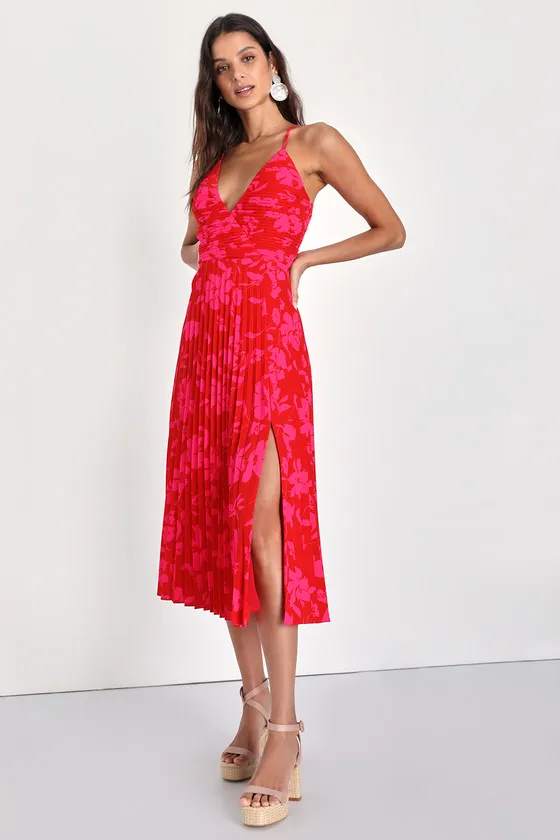Vibrant Moment Red and Pink Floral Pleated Lace-Up Midi Dress sold by Lulus product image thumbnail 3