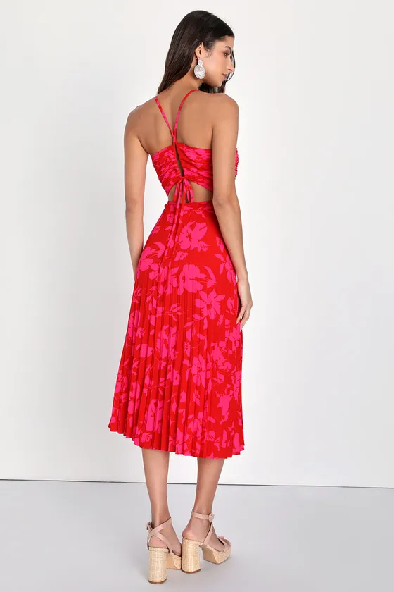Vibrant Moment Red and Pink Floral Pleated Lace-Up Midi Dress sold by Lulus product image thumbnail 4