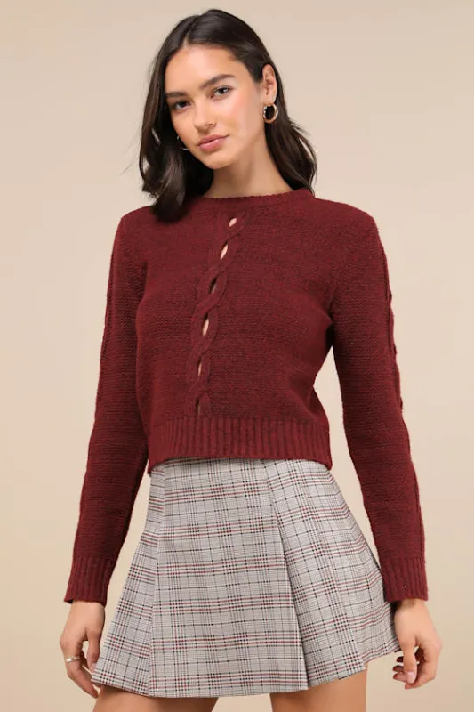 Cutout for Winter Burgundy Marled Cable Knit Cutout Sweater sold by Lulus