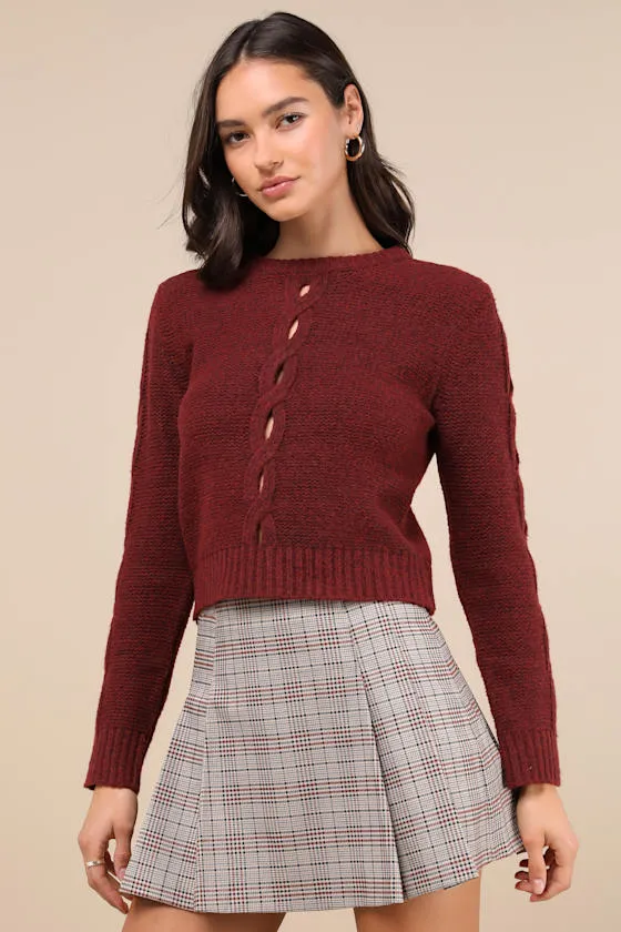 Cutout for Winter Burgundy Marled Cable Knit Cutout Sweater sold by Lulus
