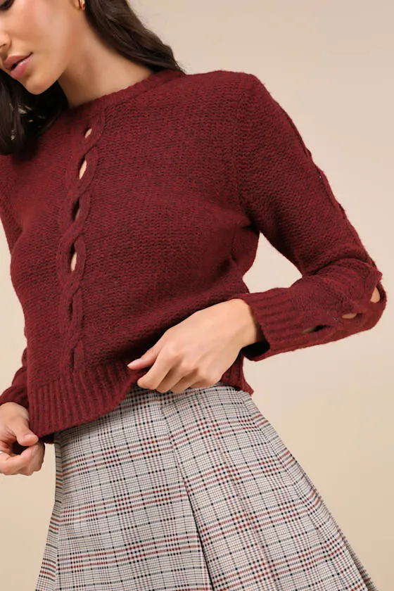 Cutout for Winter Burgundy Marled Cable Knit Cutout Sweater sold by Lulus product image thumbnail 4
