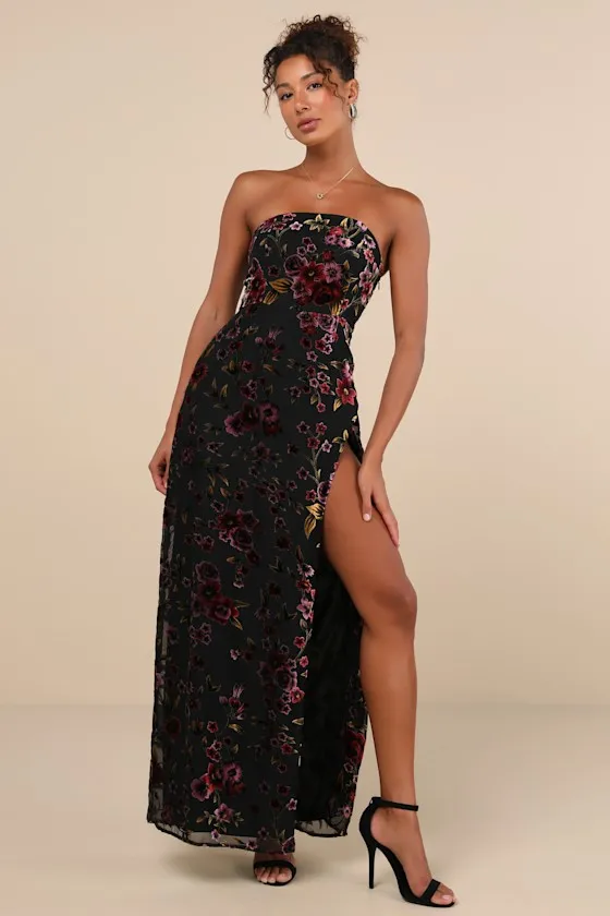 Alluring Figure Black Floral Velvet Burnout Strapless Maxi Dress sold by Lulus