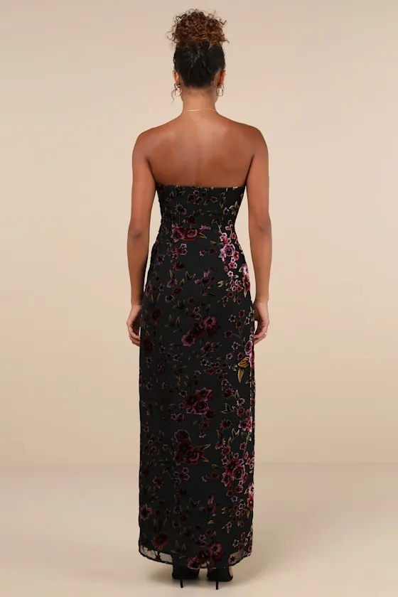 Alluring Figure Black Floral Velvet Burnout Strapless Maxi Dress sold by Lulus product image thumbnail 2