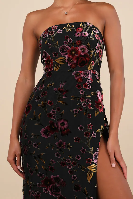 Alluring Figure Black Floral Velvet Burnout Strapless Maxi Dress sold by Lulus product image thumbnail 3