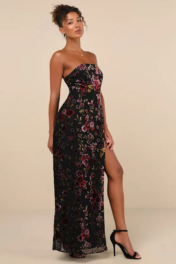 Alluring Figure Black Floral Velvet Burnout Strapless Maxi Dress sold by Lulus product image thumbnail 4