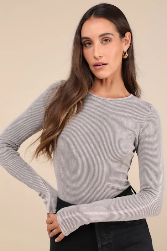 Effortless Mood Washed Light Grey Cutout Long Sleeve Top sold by Lulus