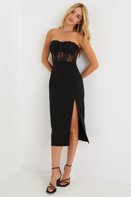 Exquisitely Sultry Black Lace Strapless Bustier Midi Dress sold by Lulus