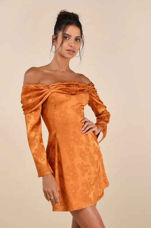 Truly Yours Copper Satin Jacquard Off-the-Shoulder Mini Dress sold by Lulus