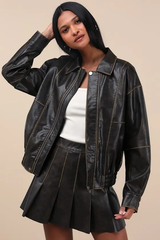 Coolest Era Dark Brown Oversized Vegan Leather Bomber Jacket sold by Lulus