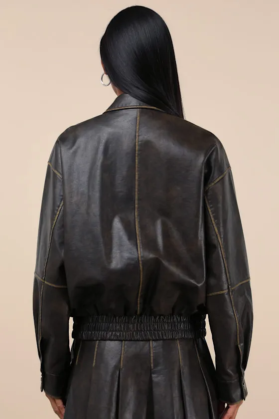 Coolest Era Dark Brown Oversized Vegan Leather Bomber Jacket sold by Lulus product image thumbnail 2