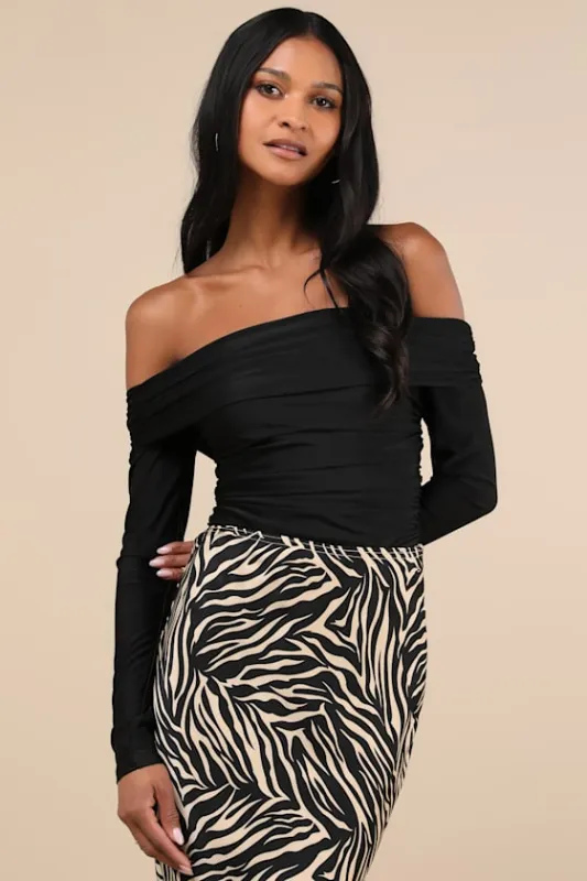 Sultry Influence Black Off-the-Shoulder Ruched Bodysuit sold by Lulus