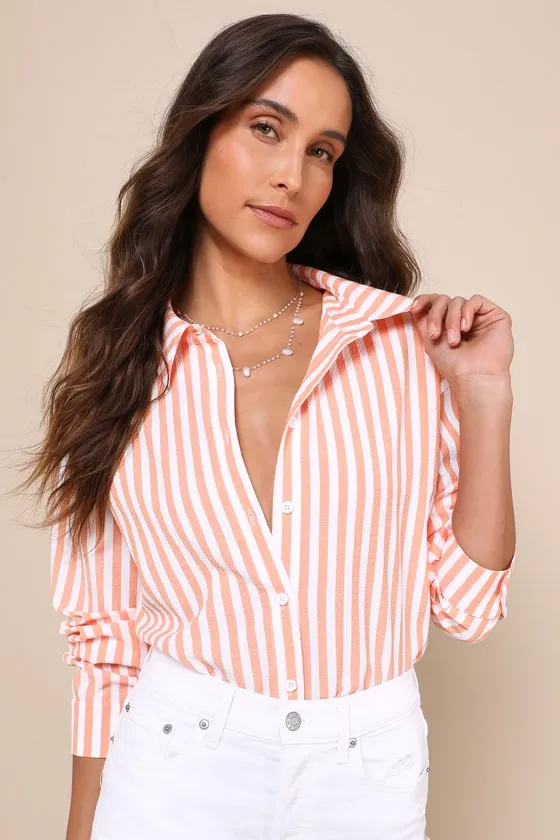 Refined Breeze Ivory and Coral Striped Collared Button-Up Top sold by Lulus