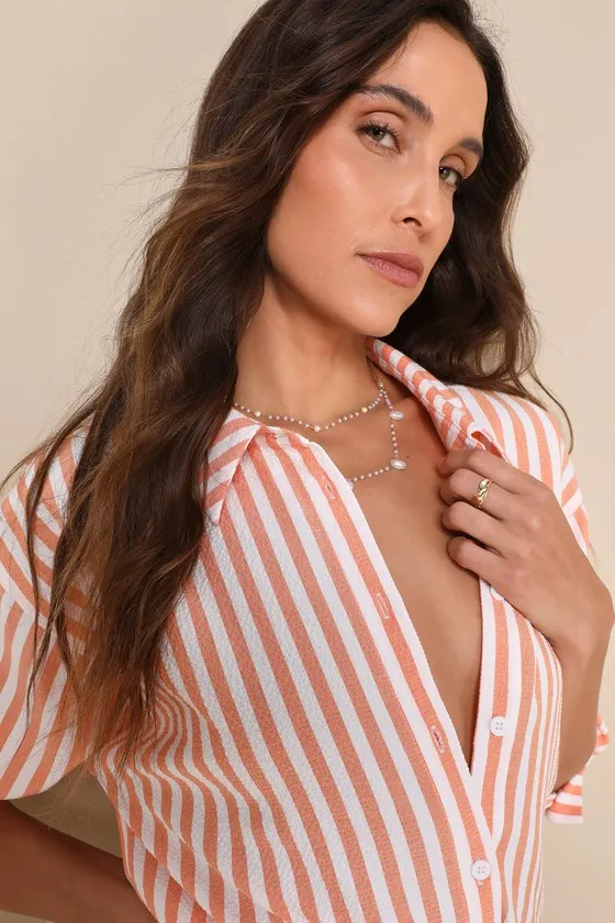 Refined Breeze Ivory and Coral Striped Collared Button-Up Top sold by Lulus product image thumbnail 4