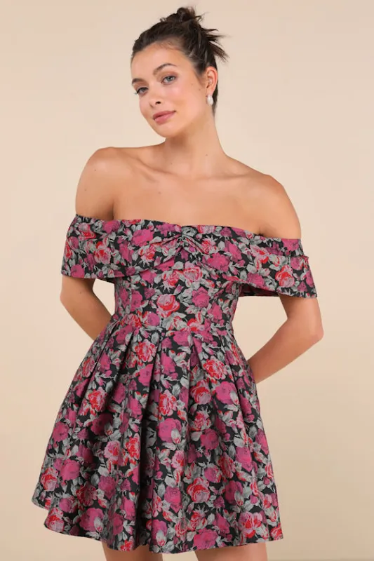 Beyond Darling Black Floral Jacquard Off-the-Shoulder Mini Dress sold by Lulus