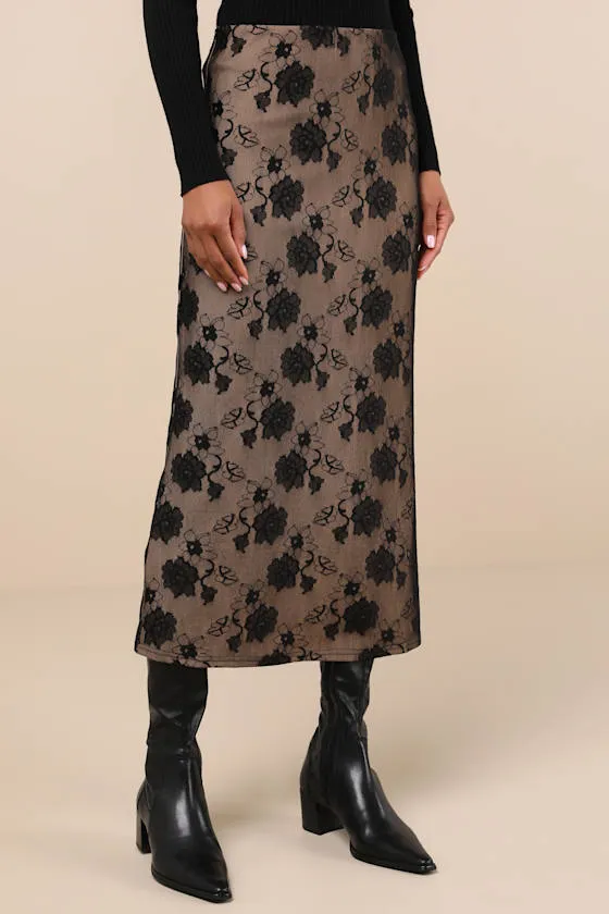 Marvelous Sensation Black and Beige Lace High-Rise Midi Skirt sold by Lulus