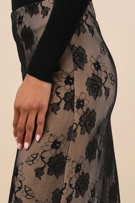 Marvelous Sensation Black and Beige Lace High-Rise Midi Skirt sold by Lulus product image thumbnail 3