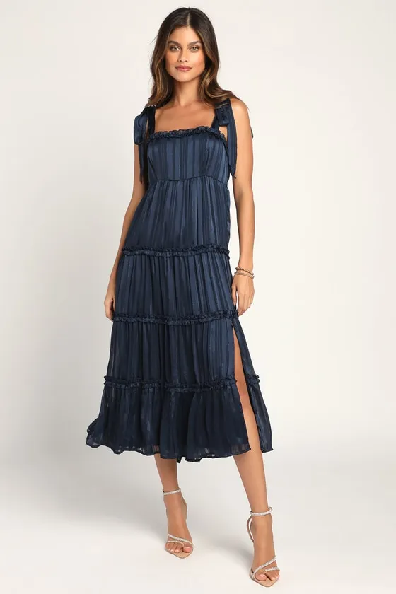 Day for Romance Navy Blue Tie-Strap Tiered Midi Dress sold by Lulus
