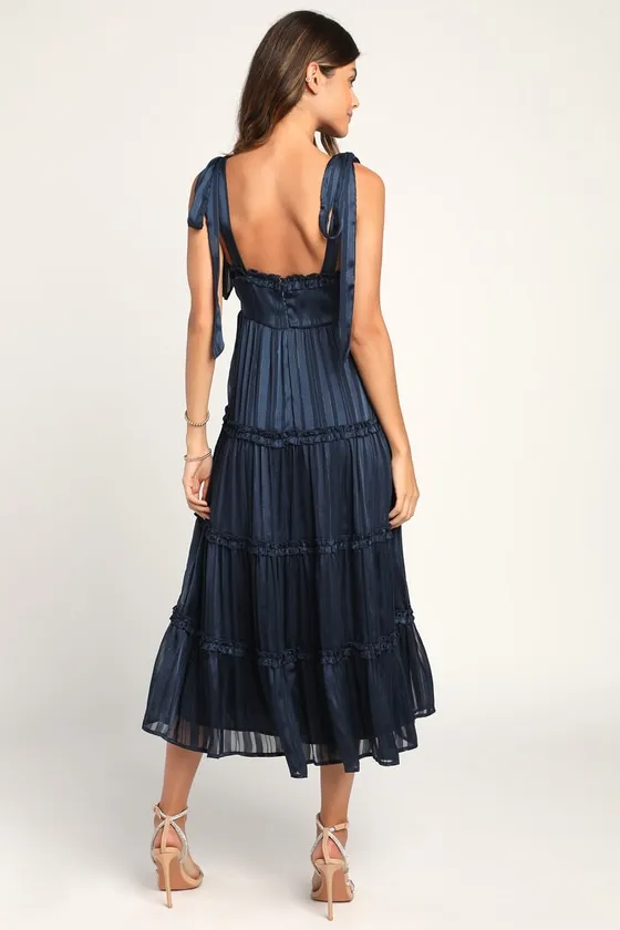 Day for Romance Navy Blue Tie-Strap Tiered Midi Dress sold by Lulus product image thumbnail 4