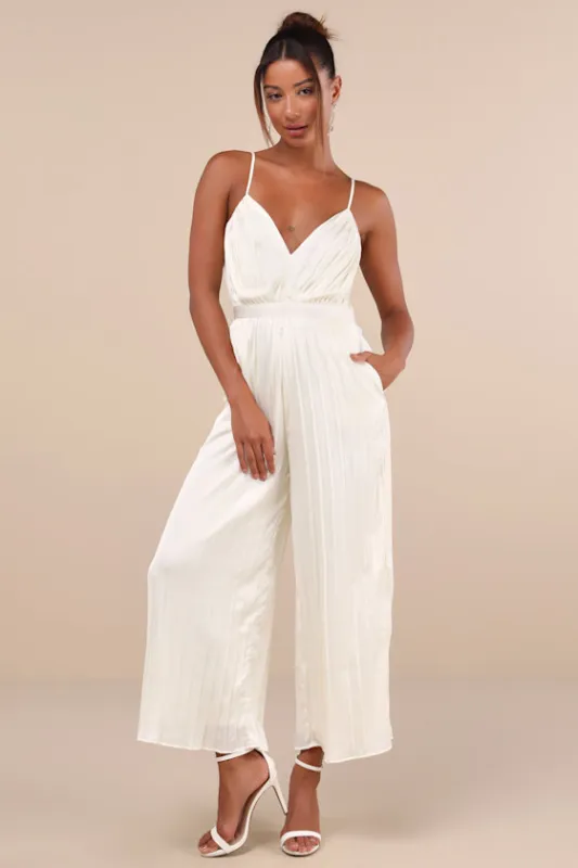 Stellar Poise Ivory Pleated Satin Wide-Leg Jumpsuit sold by Lulus