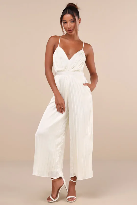 Stellar Poise Ivory Pleated Satin Wide-Leg Jumpsuit sold by Lulus