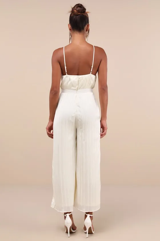 Stellar Poise Ivory Pleated Satin Wide-Leg Jumpsuit sold by Lulus product image thumbnail 2