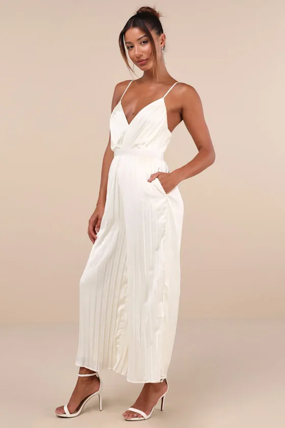 Stellar Poise Ivory Pleated Satin Wide-Leg Jumpsuit sold by Lulus product image thumbnail 3