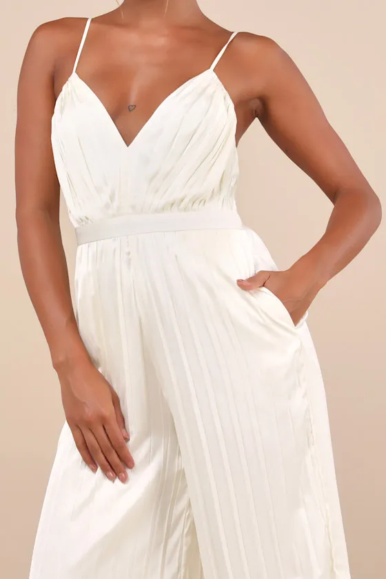 Stellar Poise Ivory Pleated Satin Wide-Leg Jumpsuit sold by Lulus product image thumbnail 4