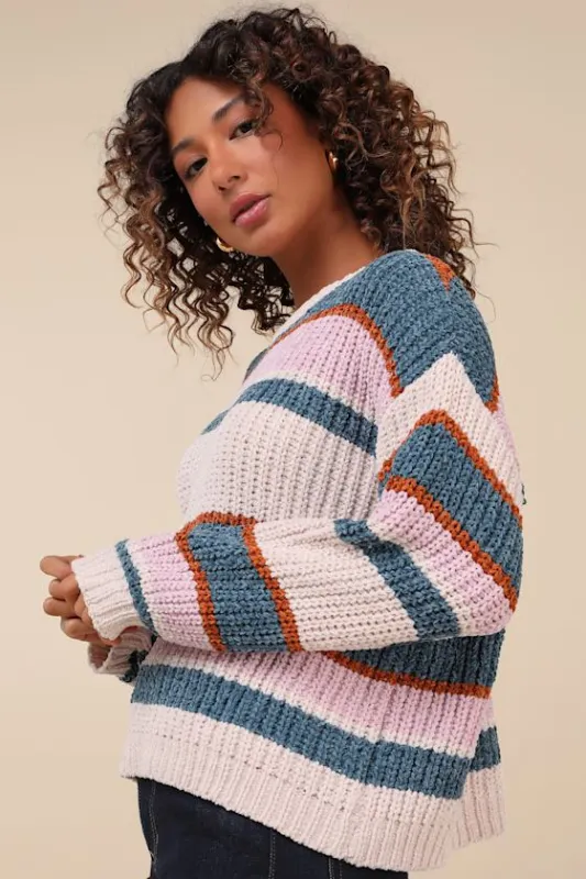 Coziest Cuddles Ivory Multi Striped Chenille Sweater sold by Lulus