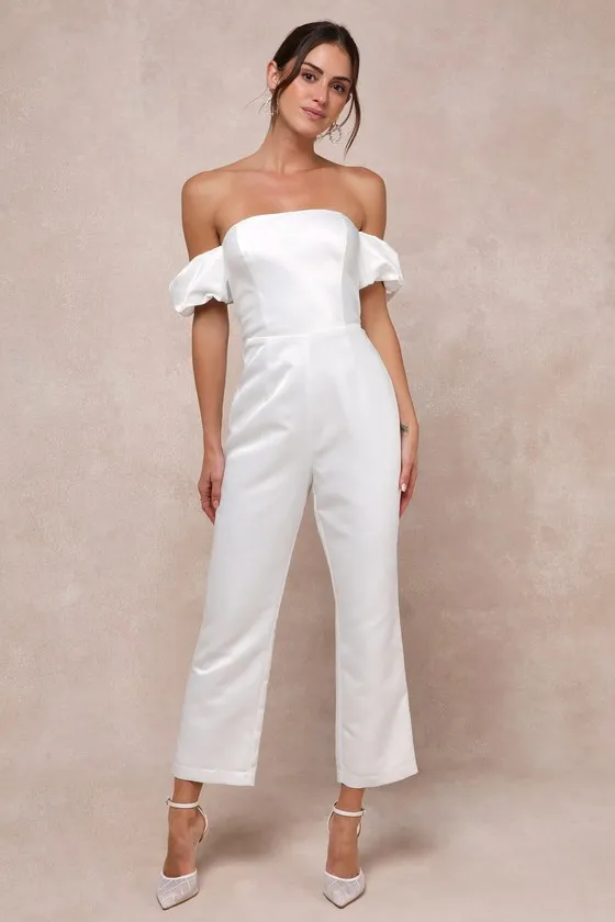 Chic Vow White Satin Off-the-Shoulder Bow Jumpsuit sold by Lulus