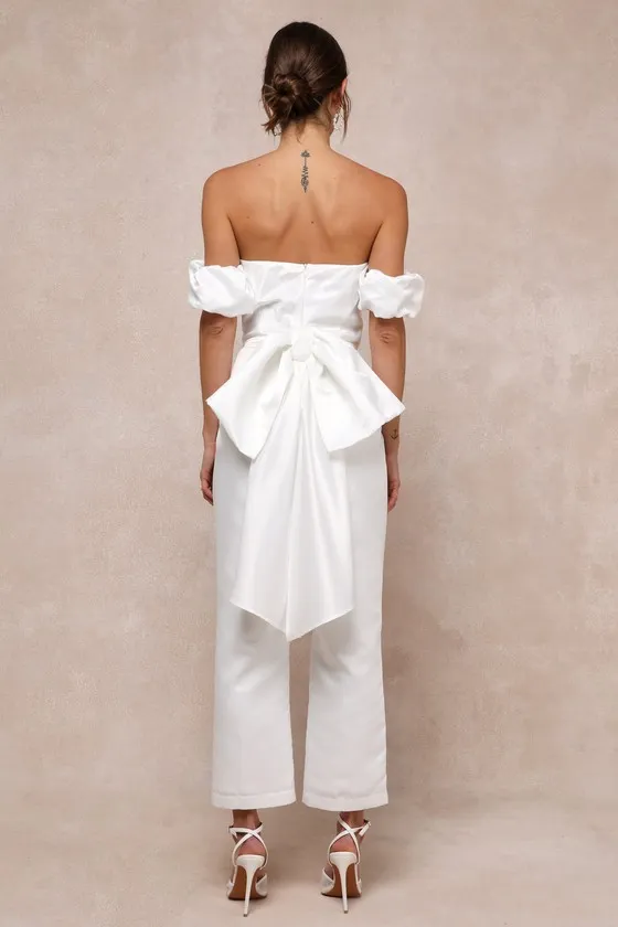 Chic Vow White Satin Off-the-Shoulder Bow Jumpsuit sold by Lulus product image thumbnail 2