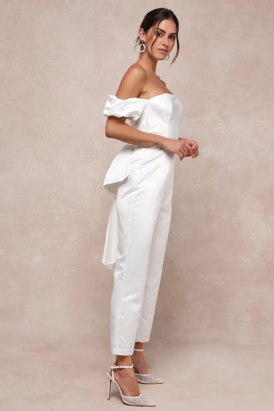 Chic Vow White Satin Off-the-Shoulder Bow Jumpsuit sold by Lulus product image thumbnail 4