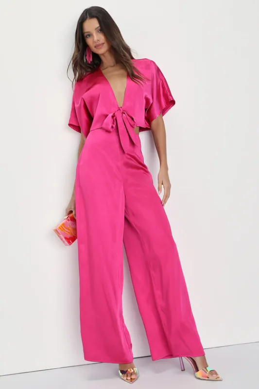 Flirt For Fun Fuchsia Tie-Front Two-Piece Wide-Leg Jumpsuit sold by Lulus