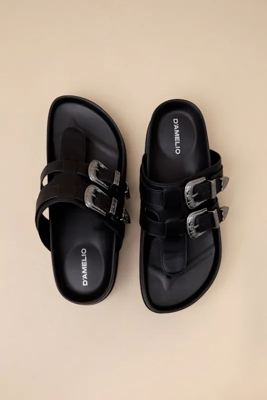 Nyra Black Faux Leather Thong Buckle Flatform Sandals sold by Lulus