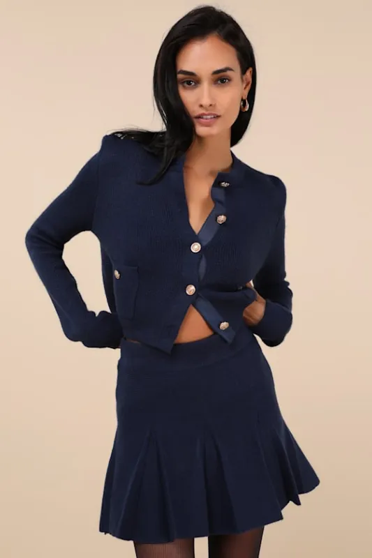 Most Adorable Vibes Navy Blue Knit Pleated High-Rise Mini Skirt sold by Lulus