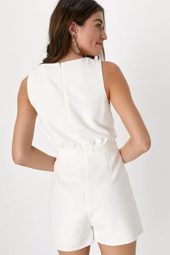 Rooftop Bar White Sleeveless Faux-Wrap Belted Skort Romper sold by Lulus product image thumbnail 4