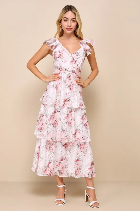 Adorable Direction Ivory Floral Burnout Tiered Midi Dress sold by Lulus