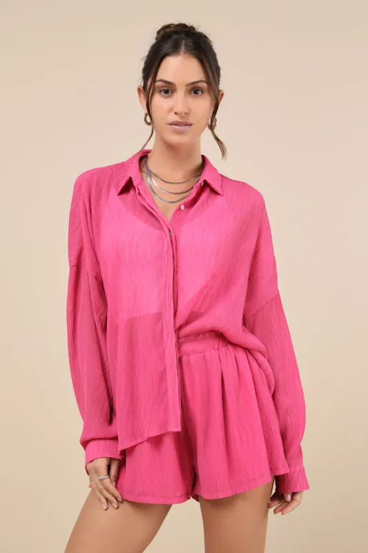 Style Update Hot Pink Long Sleeve Button-Up Top sold by Lulus