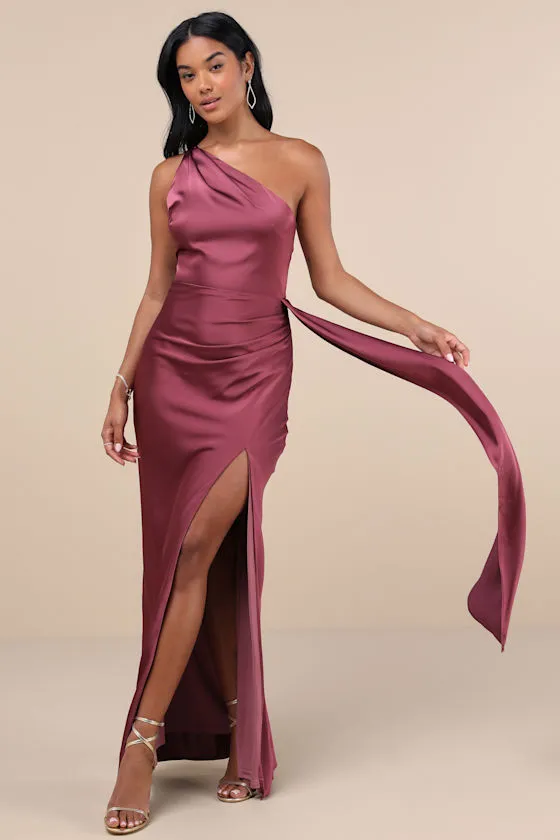 Signature Elegance Mauve Purple Satin One-Shoulder Maxi Dress sold by Lulus