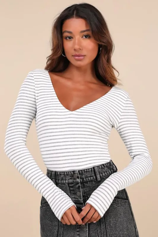 Easygoing Chic White and Grey Striped Long Sleeve Bodysuit sold by Lulus