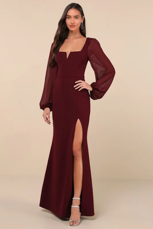 Composed Elegance Burgundy Balloon Sleeve Mermaid Maxi Dress sold by Lulus