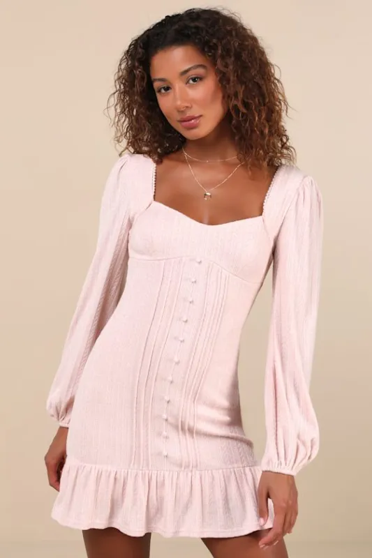 Coveted Sweetness Blush Pointelle Knit Long Sleeve Mini Dress sold by Lulus