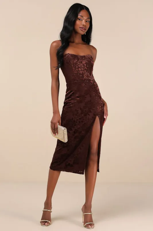 Enchantingly Chic Dark Brown Velvet Burnout Strapless Midi Dress sold by Lulus