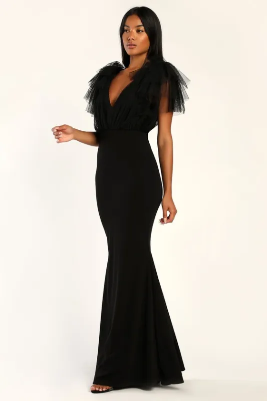 Fabulous Fun Black Tulle Flutter Sleeve Mermaid Maxi Dress sold by Lulus