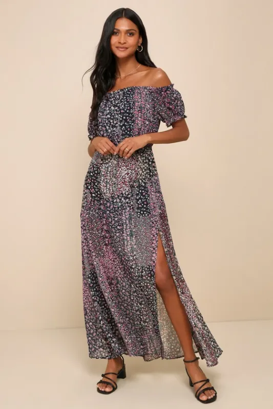Neva Navy Blue Floral Print Off-the-Shoulder Maxi Dress sold by Lulus