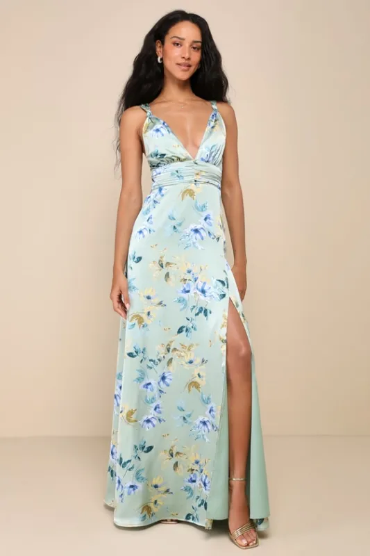 Convincing Elegance Sage Green Floral Satin A-Line Maxi Dress sold by Lulus