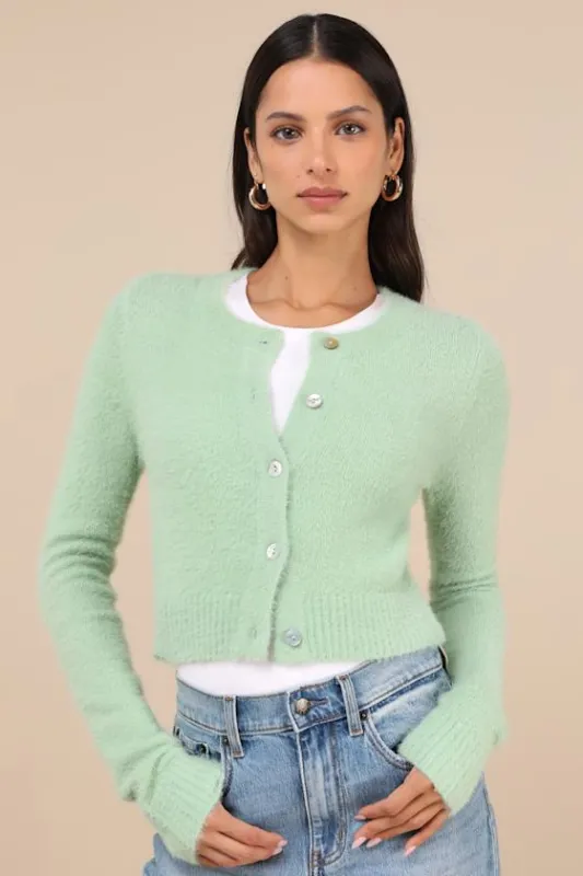 Cozy Sweetness Mint Green Eyelash Knit Cropped Cardigan sold by Lulus