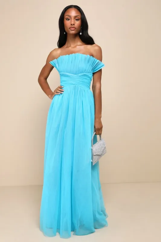 Undeniably Iconic Teal Blue Tulle Pleated Strapless Maxi Dress sold by Lulus
