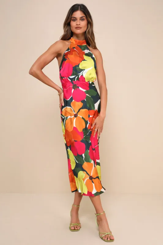 Admirable Invite Dark Teal Multi Floral Satin Halter Midi Dress sold by Lulus