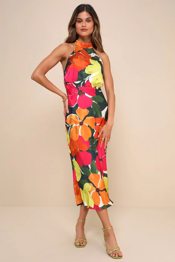 Admirable Invite Dark Teal Multi Floral Satin Halter Midi Dress sold by Lulus